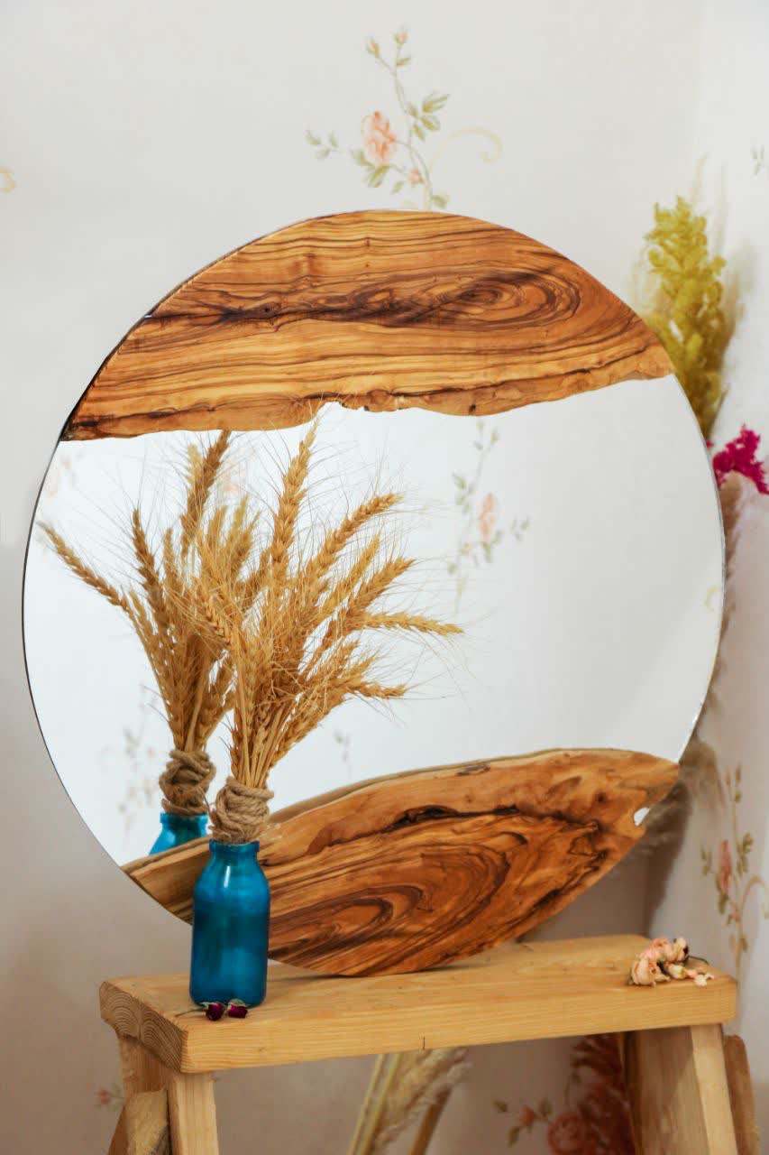 آینه روستیک دیواری قطر۵۰سانت تلفیق با چوب زیتون جنگلی قابل آویز
